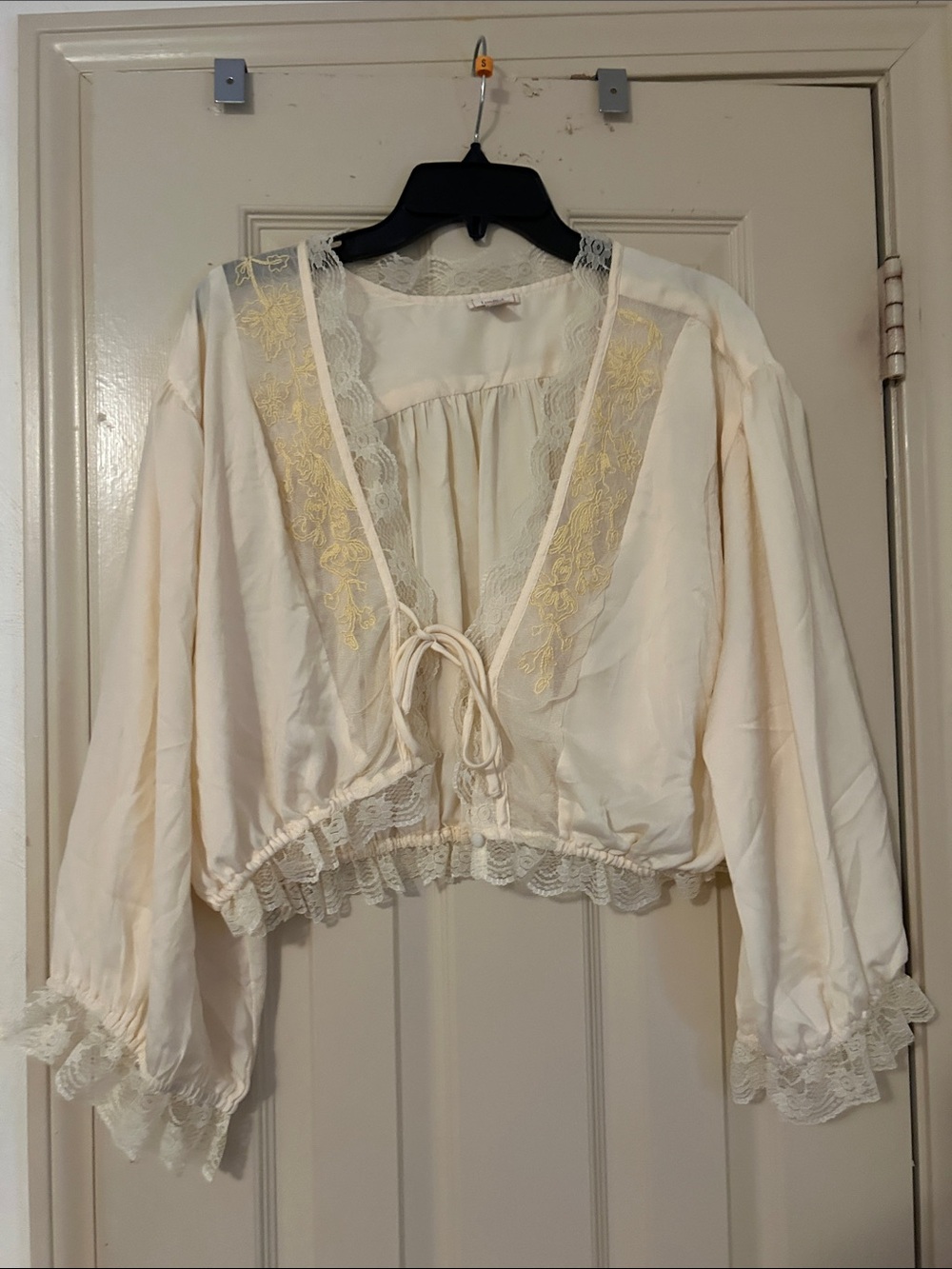 Anthropologie Cream Lace-Trim Tie-Front Blouse